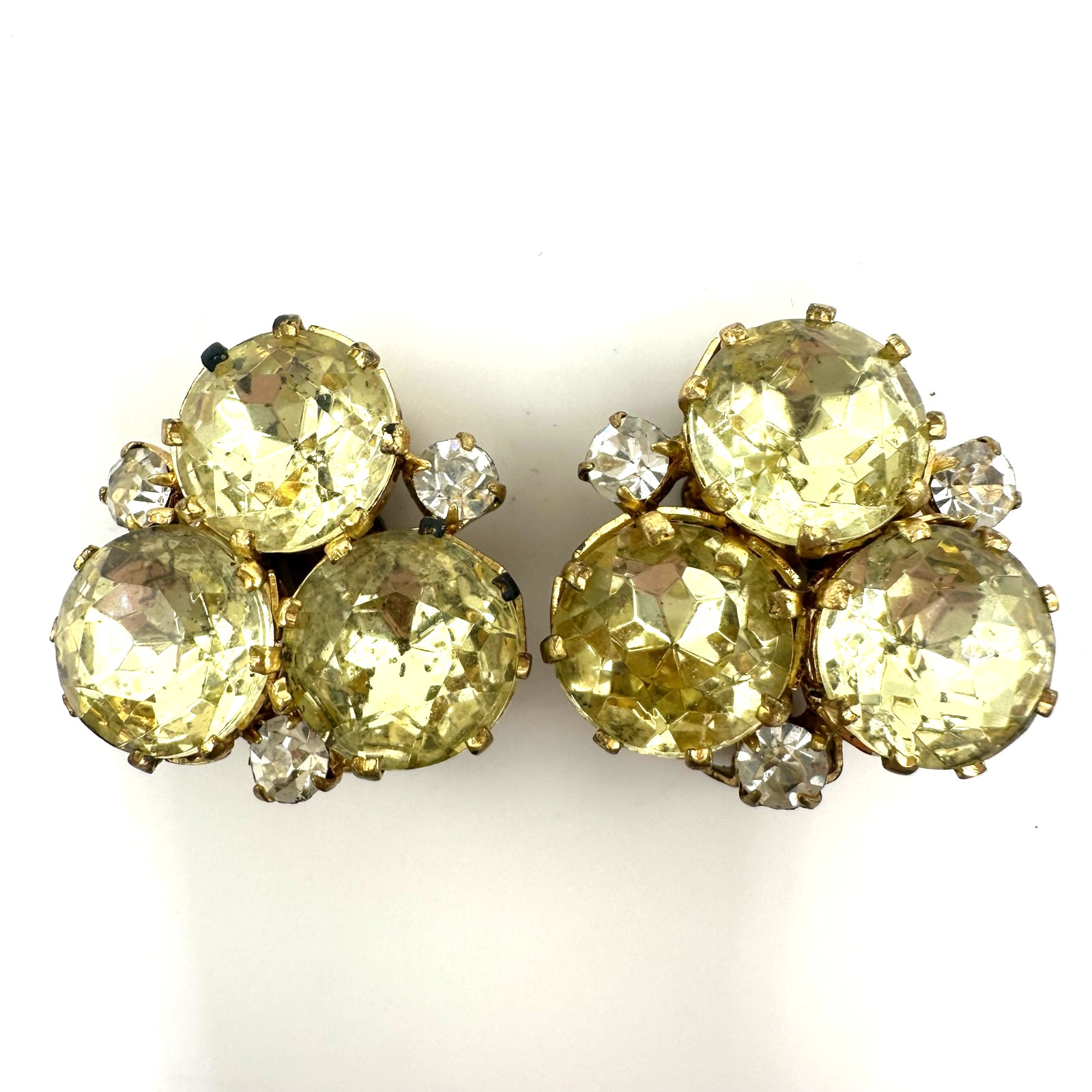 Vintage Gold Tone Large Jonquil Yellow Clear Rhinestones Clip On Earrings